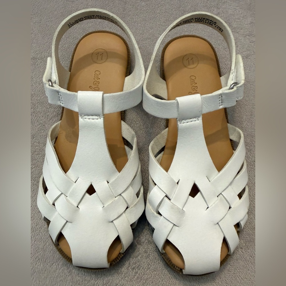 Cat & Jack Girls White Sandals Size 11 T Strap Woven Lightweight Easy On/ Off